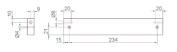 side view and front view of Leg C with holes positions, size and lengths